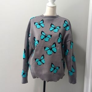 Butterfly Sweater Grey / Aqua Blue [Size XL]